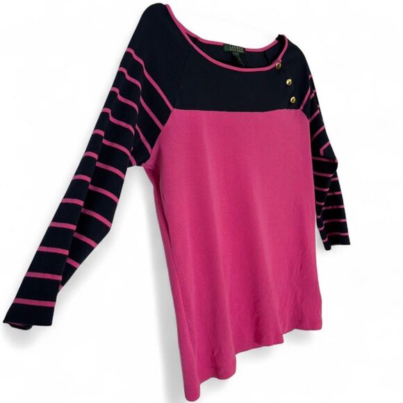 Vintage Lauren Ralph Lauren Navy & Pink Boatneck Cotton 3/4 Sleeve Shirt Size L - Picture 4 of 6
